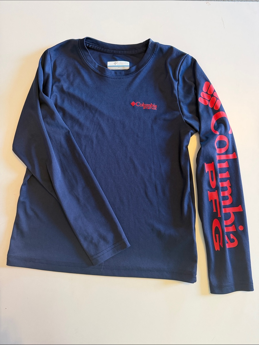 Columbia Navy Blue Long Sleeve Tee with Red Sleeve Logo